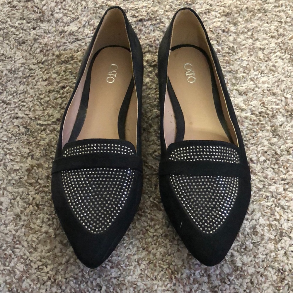Black feaux suede flats with silver studded toes